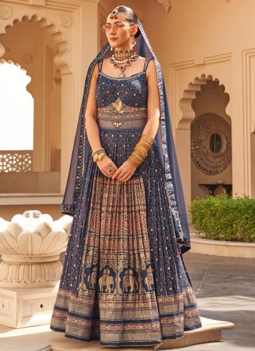 Navy Blue color Patola Silk Gown with Foil Print