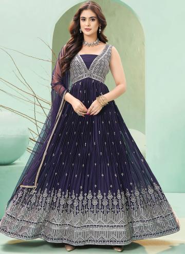 Navy Blue Designer Gown in Georgette with Embroidered