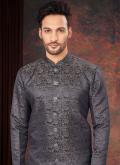 Navy Blue Indo Western in Jacquard with Fancy work - 1
