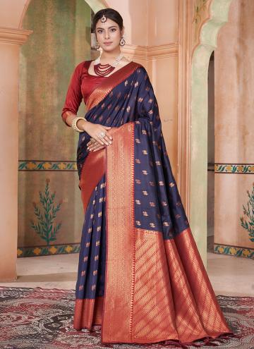 Navy Blue Kanjivaram Silk Woven Trendy Saree for C