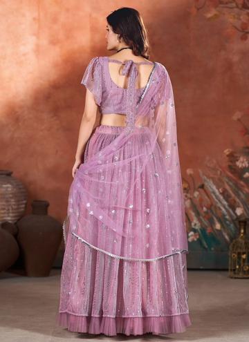 Net A Line Lehenga Choli in Purple Enhanced with Sequins Work