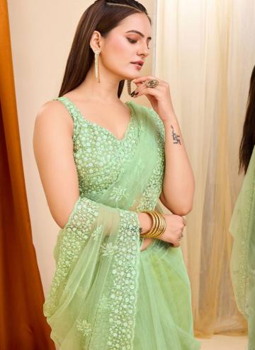 Net Classic Designer Saree in Green Enhanced with Cutwork