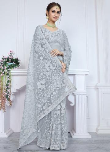 Net Classic Designer Saree in Grey Enhanced with Aari Work