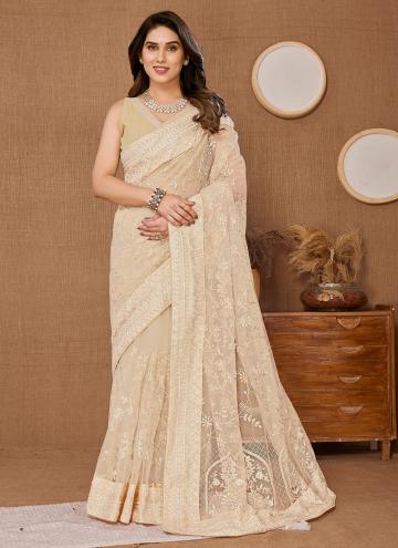 Net Contemporary Saree in Cream Enhanced with Embroidered