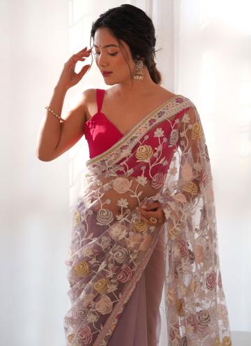 Net Designer Saree in Rose Pink Enhanced with Embr