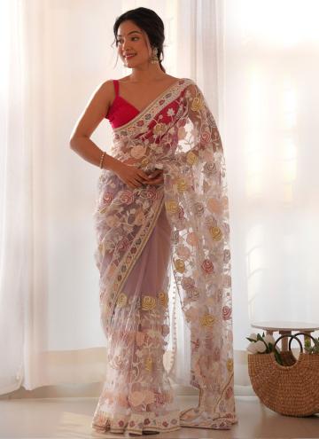 Net Designer Saree in Rose Pink Enhanced with Embroidered