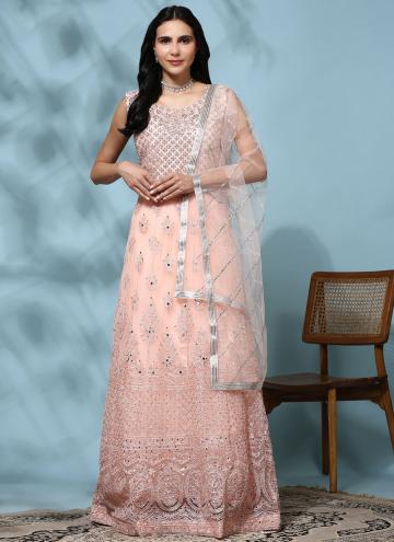 Net Gown in Peach Enhanced with Embroidered