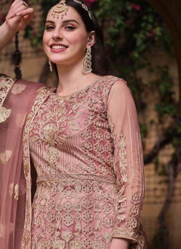 Net Salwar Suit in Pink Enhanced with Embroidered