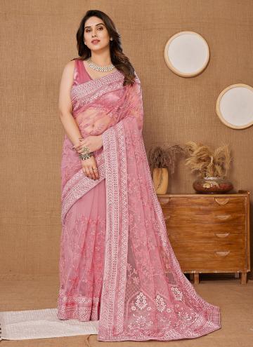 Net Trendy Saree in Rose Pink Enhanced with Embroidered