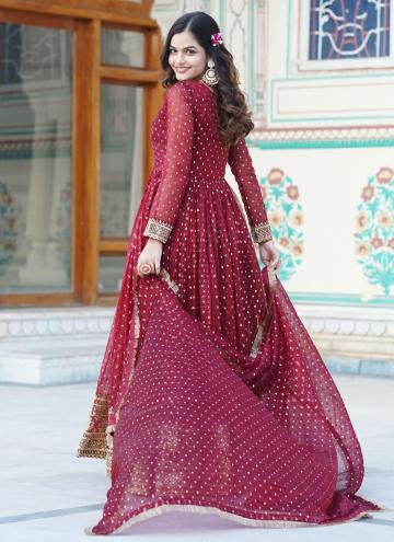Nylon Designer Gown in Maroon Enhanced with Embroidered