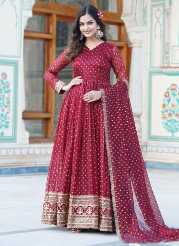 Nylon Designer Gown in Maroon Enhanced with Embroidered