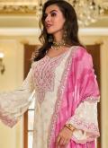 Off White and Pink color Embroidered Chinon Salwar Suit - 1
