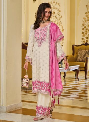 Off White and Pink color Embroidered Chinon Salwar Suit