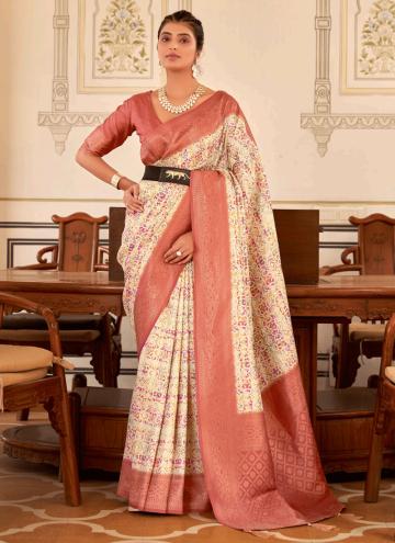 Off White and Rust Designer Saree in Nylon with Fancy work