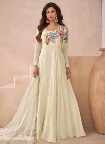 Off White color Embroidered Silk Readymade Designer Gown