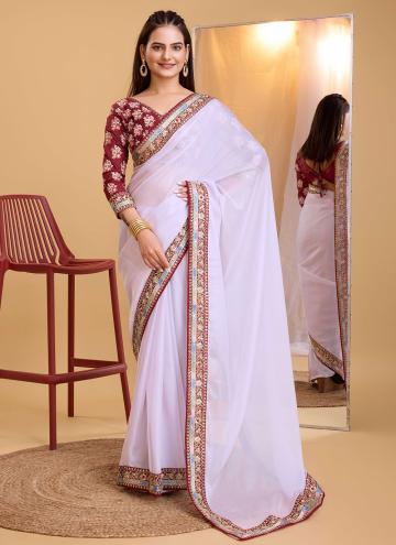Off White Organza Embroidered Trendy Saree for Cer