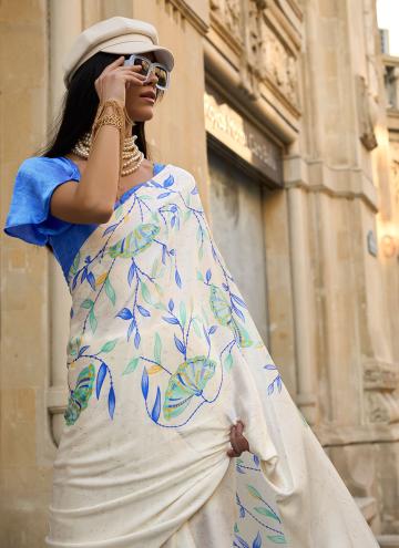 Off White Trendy Saree in Faux Crepe with Print