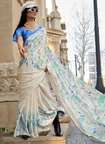 Off White Trendy Saree in Faux Crepe with Print