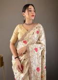 Off White Tussar Silk Embroidered Designer Traditional Saree - 1