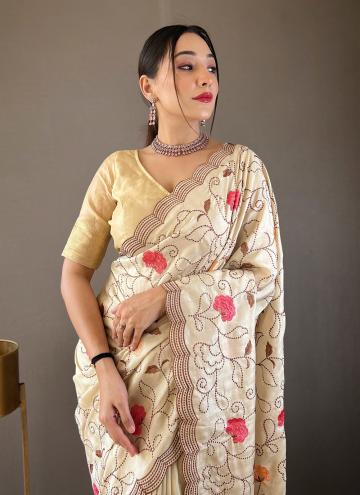 Off White Tussar Silk Embroidered Designer Traditional Saree