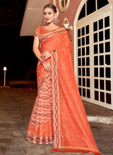 Orange color Chanderi Cotton Trendy Saree with Embroidered