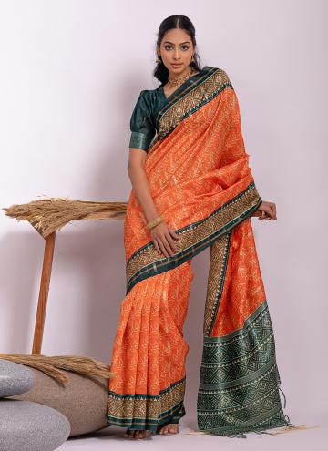 Orange color Tussar Silk Contemporary Saree with Printed