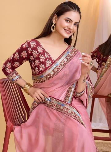 Organza Classic Designer Saree in Rose Pink Enhanced with Embroidered
