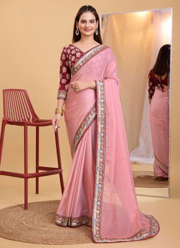 Organza Classic Designer Saree in Rose Pink Enhanced with Embroidered