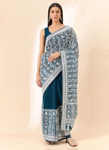 Organza Contemporary Saree in Blue Enhanced with Embroidered
