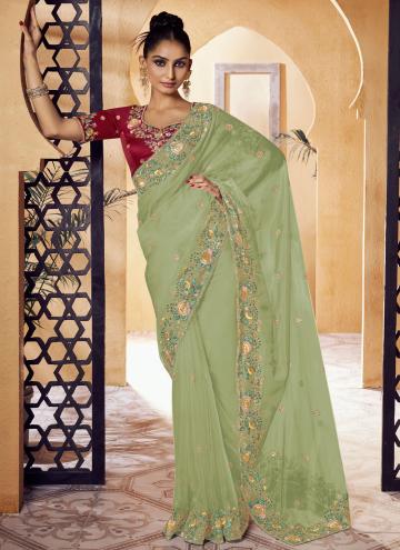 Organza Designer Saree in Green Enhanced with Embroidered
