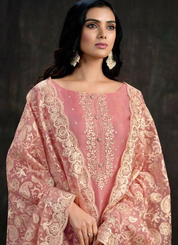 Organza Trendy Salwar Kameez in Pink Enhanced with Embroidered