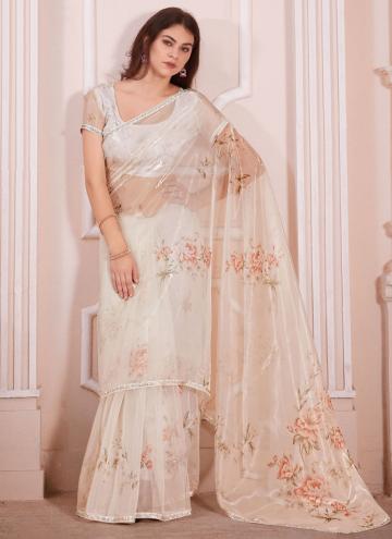 Organza Trendy Saree in Off White Enhanced with Digital Print