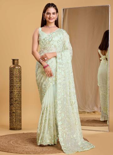 Organza Trendy Saree in Sea Green Enhanced with Sequins Work