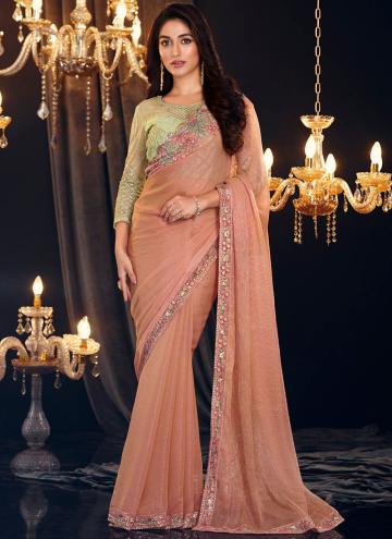 Peach color Embroidered Shimmer Georgette Trendy Saree