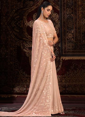 Peach color Sequins Work Georgette Traditional Saree