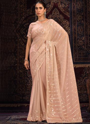 Peach color Sequins Work Georgette Traditional Sar