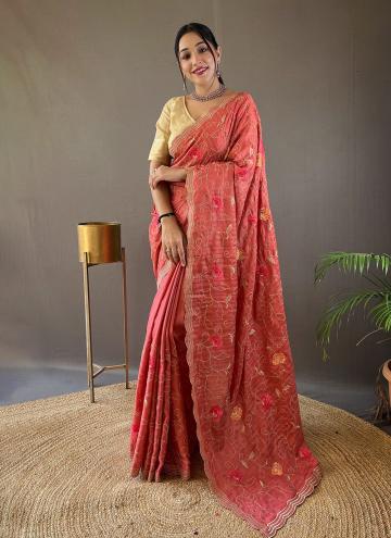 Peach Designer Traditional Saree in Tussar Silk with Embroidered