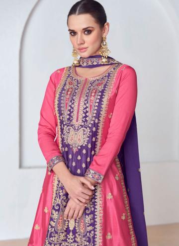 Pink and Purple Chinon Embroidered Salwar Suit for Ceremonial