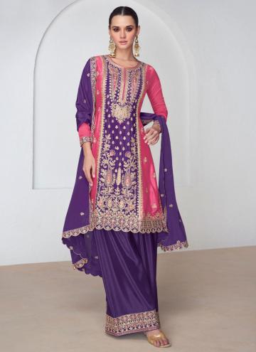 Pink and Purple Chinon Embroidered Salwar Suit for