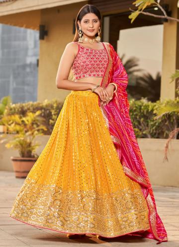 Pink and Yellow Georgette Digital Print A Line Leh