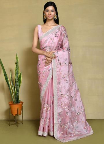 Pink color Embroidered Satin Silk Trendy Saree