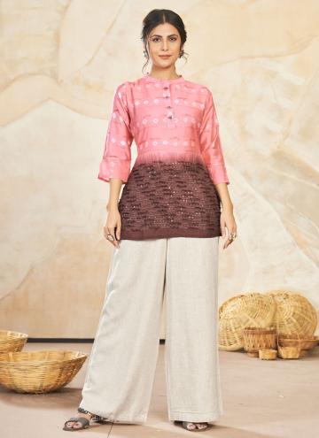 Pink color Embroidered Silk Casual Kurti