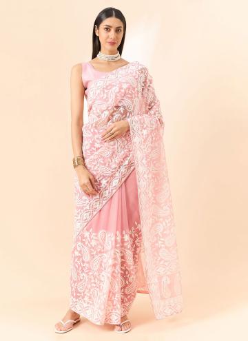Pink color Organza Trendy Saree with Embroidered