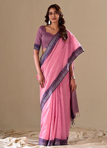 Pink color Woven Handloom Cotton Trendy Saree