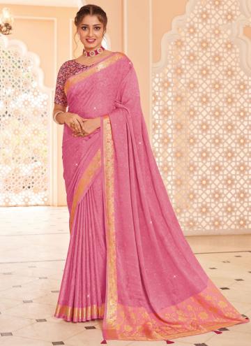 Pink color Woven Silk Contemporary Saree