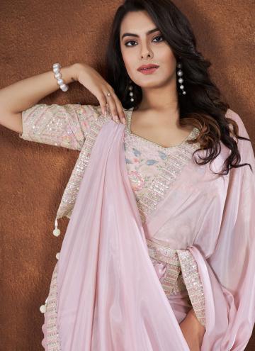 Pink Contemporary Saree in Crepe Silk with Cord