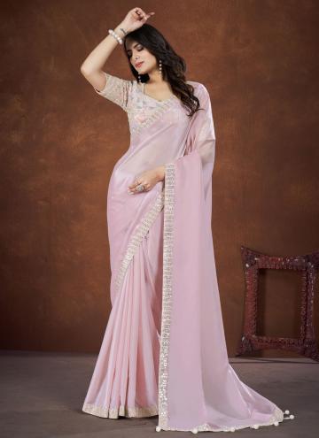 Pink Contemporary Saree in Crepe Silk with Cord
