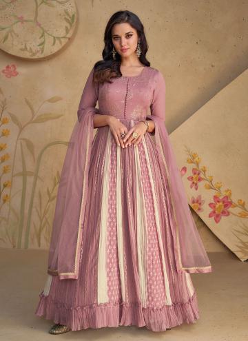 Pink Designer Gown in Georgette with Embroidered