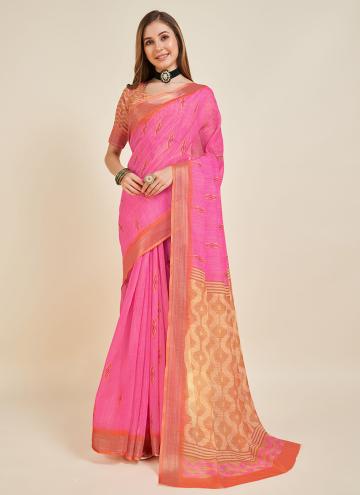 Pink Linen Printed Casual Saree for Casual