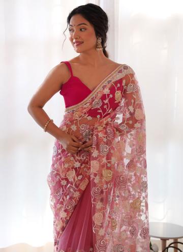 Pink Net Embroidered Classic Designer Saree for Ceremonial